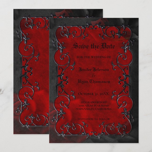 Red Gothic halloween wedding save the date Announcement (Front/Back)