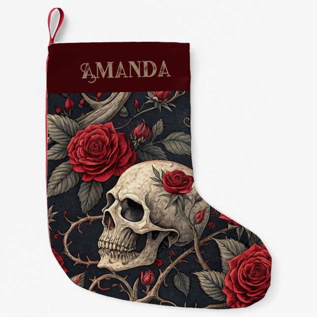 Red Gothic Skull Roses Small Christmas Stocking (Front)
