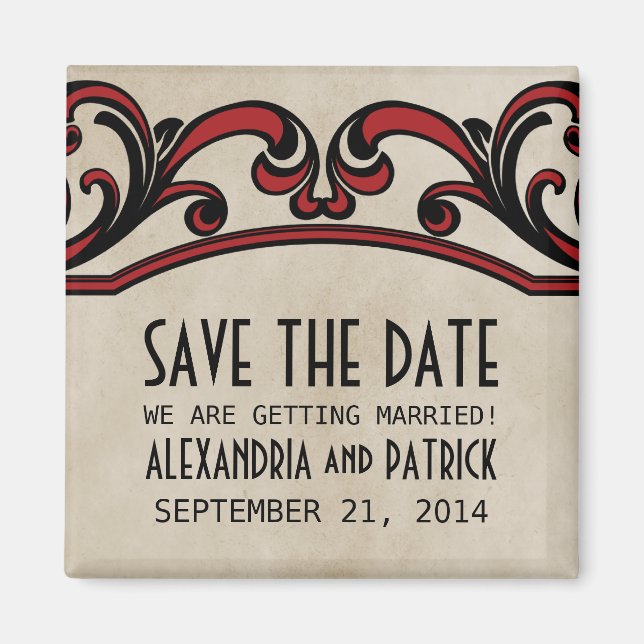 Red Gothic Swirls Save the Date Magnet (Front)