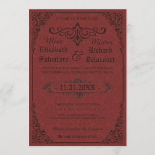 Red Gothic Victorian Damask Save the Dates Date