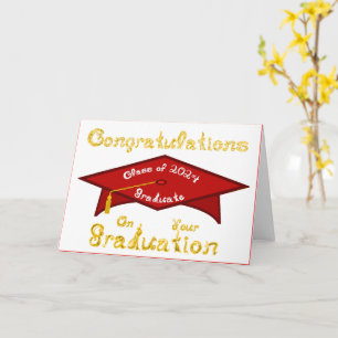 Red Grad Cap Gold White Graduate Class 2024 Hat or Card