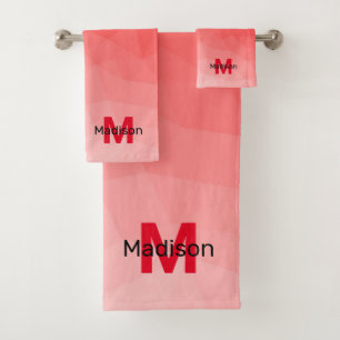 Red gradient geometric mesh pattern Monogram Bath Towel Set