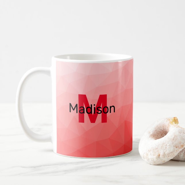 Red gradient geometric mesh pattern Monogram Coffee Mug (With Donut)