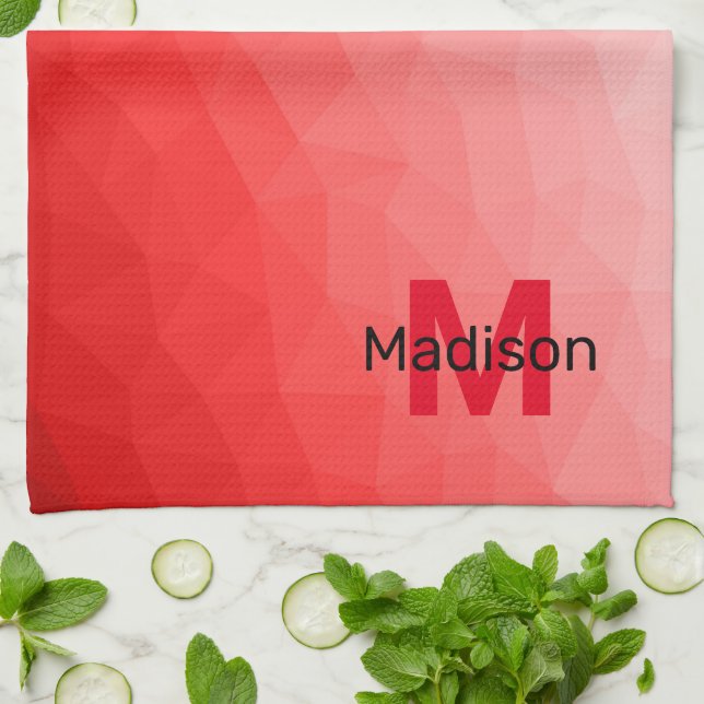 Red gradient geometric mesh pattern Monogram Tea Towel (Folded)