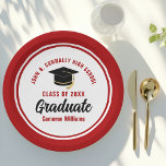 Red Graduate Personalised 2024 Graduation Party Paper Plate<br><div class="desc">These modern red and white custom graduation party plates feature classy typography of your university or college name for the class of 2024. Customise with your graduating year next to the chic handwritten script and black grad cap for great personalised congratulations graduate party decor.</div>