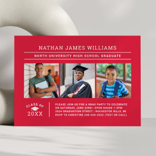 Red Graduate Three Photo Graduation Party Invitation