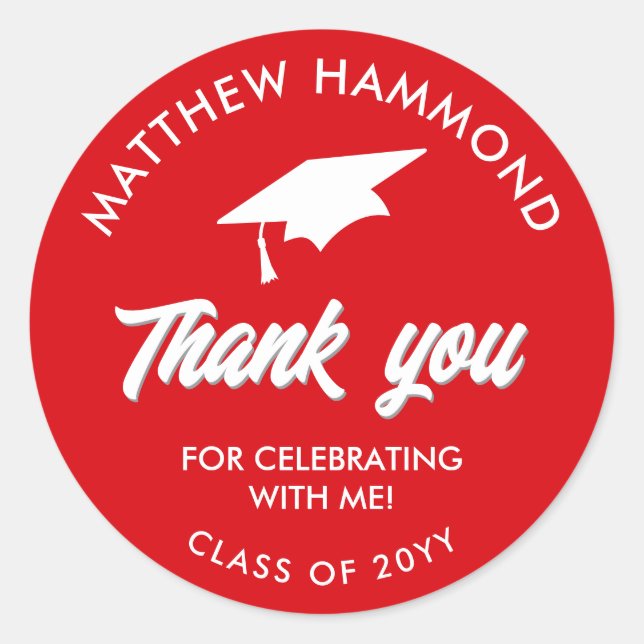 Red Graduating Class Thank You Grad Cap Classic Round Sticker (Front)