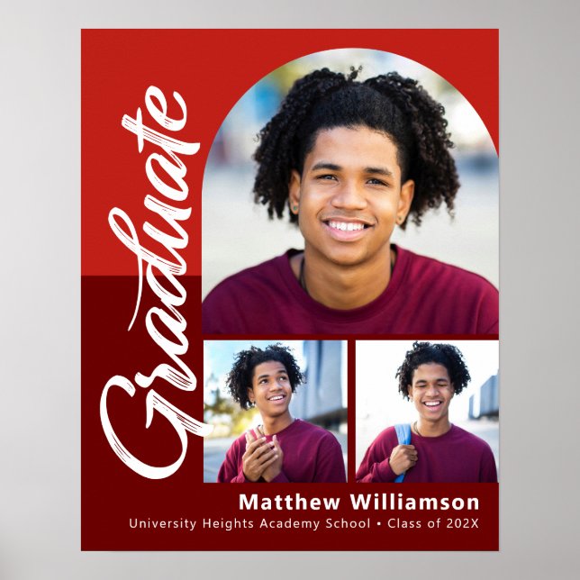 Red Graduation 3 Photo Bold Arch Script Minimalist Poster (Front)