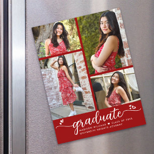 Red Graduation 4 Photo Script Hearts Modern Girly Magnetic Invitation