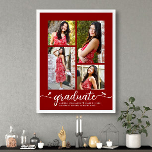 Red Graduation 4 Photo Script Hearts Modern Girly Poster