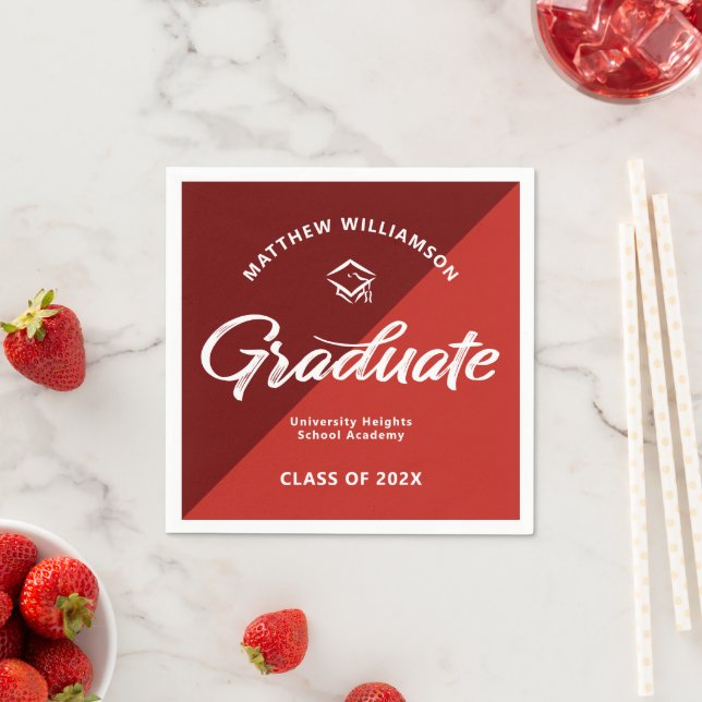 Red Graduation Bold Retro Script Cap Icon Minimal Napkin (Insitu)