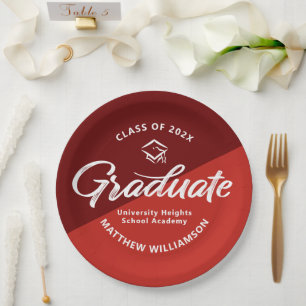 Red Graduation Bold Retro Script Cap Icon Minimal Paper Plate