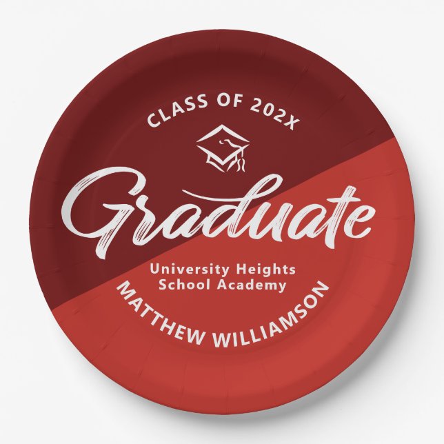 Red Graduation Bold Retro Script Cap Icon Minimal Paper Plate (Front)