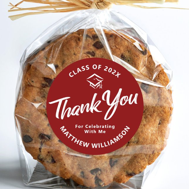Red Graduation Bold Script Cap Thank You Minimal Classic Round Sticker (Creator Uploaded)
