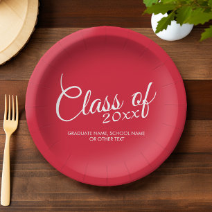 Red Graduation Cap Class of Year and Text Paper Plate