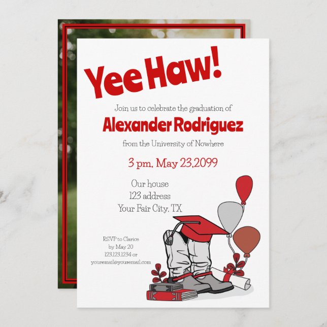 Red Graduation Cap Cowboy Boot Arrangement Invitation (Front/Back)
