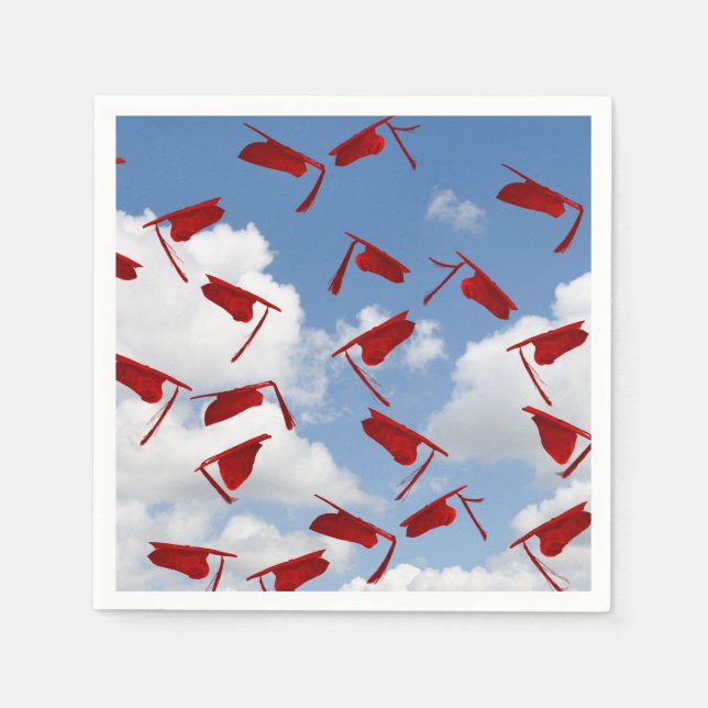 Red graduation caps in sky napkin (Front)