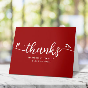 Red Graduation Chic Modern Elegant Script Hearts Thank You Card