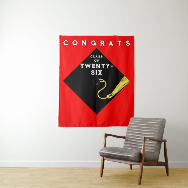 Red Graduation Class of 2026 Photo Backdrop Tapestry (In Situ)