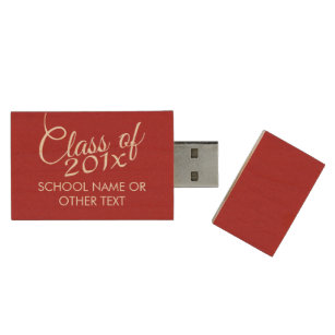 Red Graduation Class of Custom Year and Text Wood USB Flash Drive