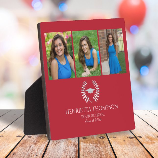 Red Graduation Custom Photo Party  Plaque (Graduation Party tabletop sign with Cardinal red school color theme. )