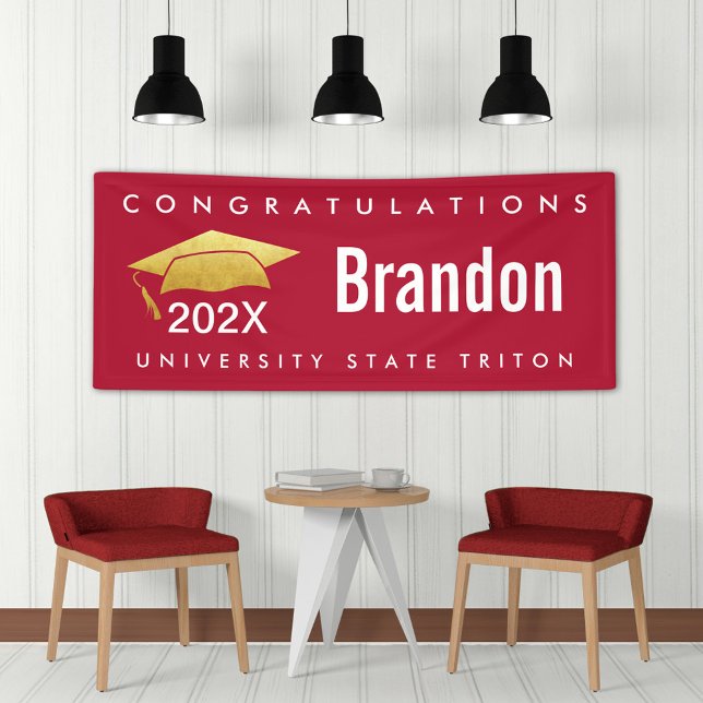 Red Graduation Gold Cap Modern Bold Graphic Simple Banner (Creator Uploaded)