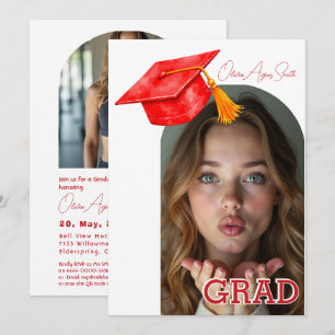Red Graduation Hat Accent Dual‑Photo QR Code Invitation