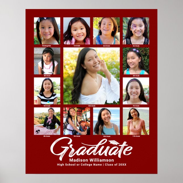 Red Graduation K–12 Photo Collage Script Modern Poster (Front)