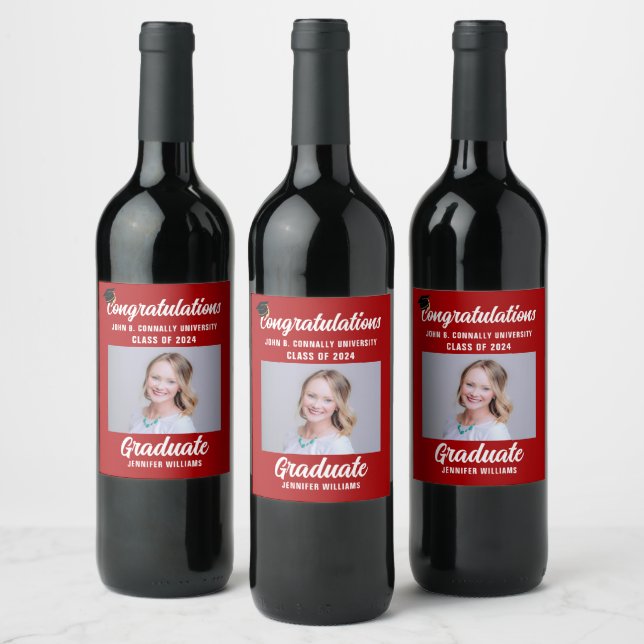 Red Graduation Party 2024 Graduate Photo Wine Label (Bottles)