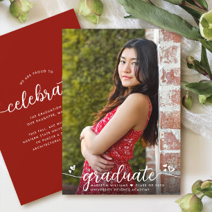 Red Graduation Photo Calligraphy Hearts Modern Announcement