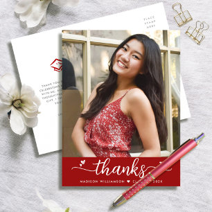 Red Graduation Photo Chic Script Hearts Thank You Postcard