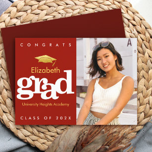 Red graduation photo gold cap modern bold type announcement