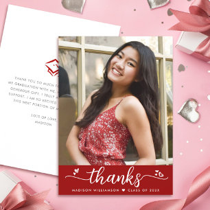 Red Graduation Photo Script Elegant Hearts Modern Thank You Card