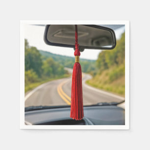 Red Graduation Tassel On Rear View Car Mirror Napkin