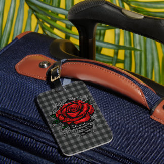 Red Graffiti Rose Black Grey Gingham Grunge Luggage Tag