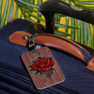 Red Graffiti Rose Dark Wood Grunge Art Luggage Tag