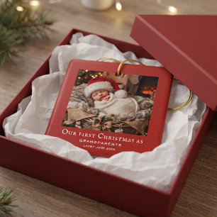 Red Grandparents First Christmas Baby Photo Ceramic Ornament