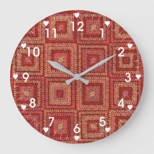 Red Granny Square Pattern Large Clock