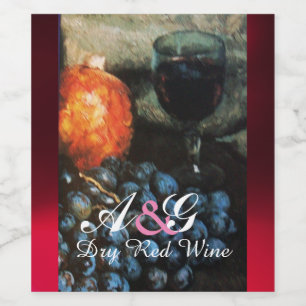 RED GRAPES, RED WINE GLASS, POMEGRANATE WINE LABEL