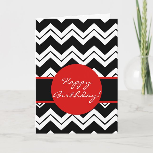 Red Graphic Black & White Zizzag Chevron Birthday Card (Front)