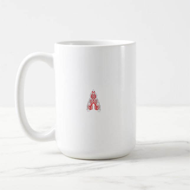 Red graphic design featuring intricate line art mo coffee mug (Left)