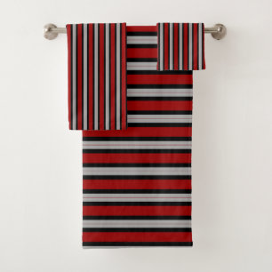 Red gray and Black Stripes Bath Towel Set