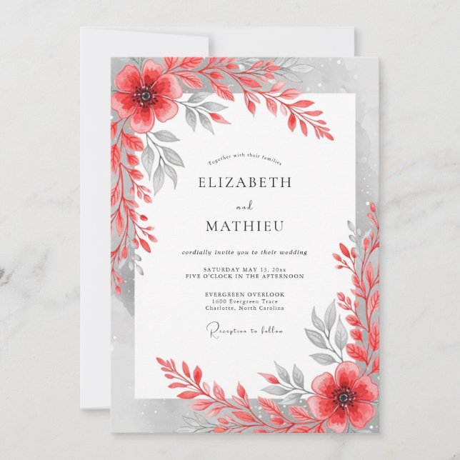 Red Gray Artistic Floral Wedding Invitation (Front)