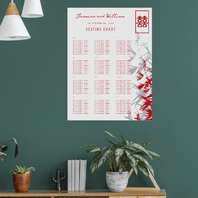 Red & Gray Bamboo Leaves Asian Wedding Seat Chart (Living Room 1)