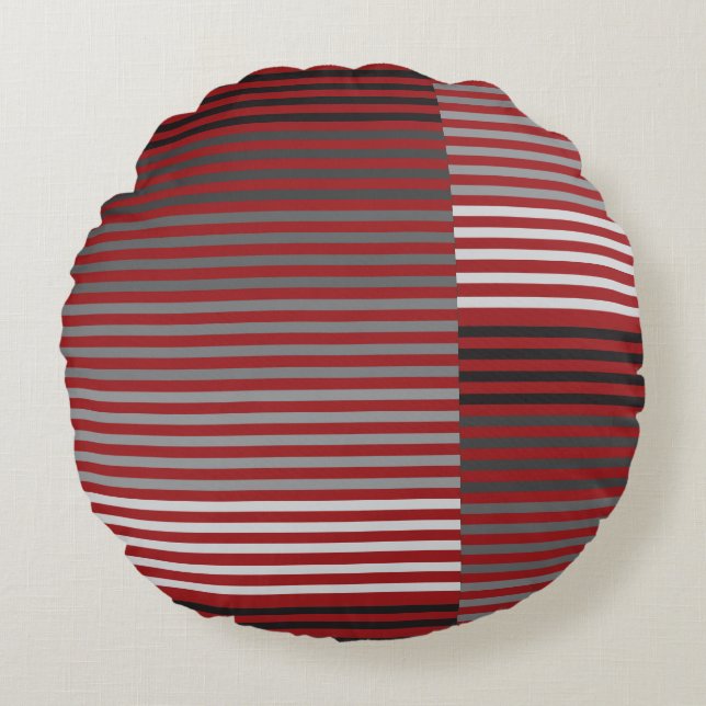 Red, Gray, Black, White Stripes Round Cushion (Front)