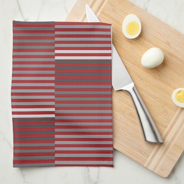 Red, Gray, Black, White Stripes Tea Towel (Quarter Fold)