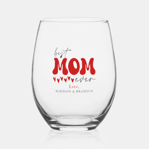 Red Gray Cute Best Mom Ever Stemless Wine Glass