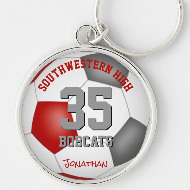 red gray team player name boys girls soccer key ring (Front)