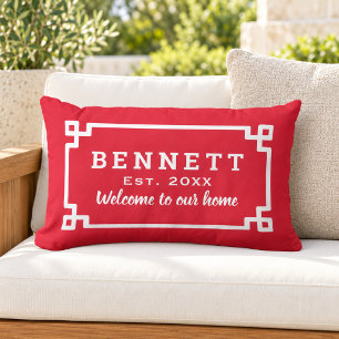 Red Greek Key Monogram Welcome Lumbar Cushion