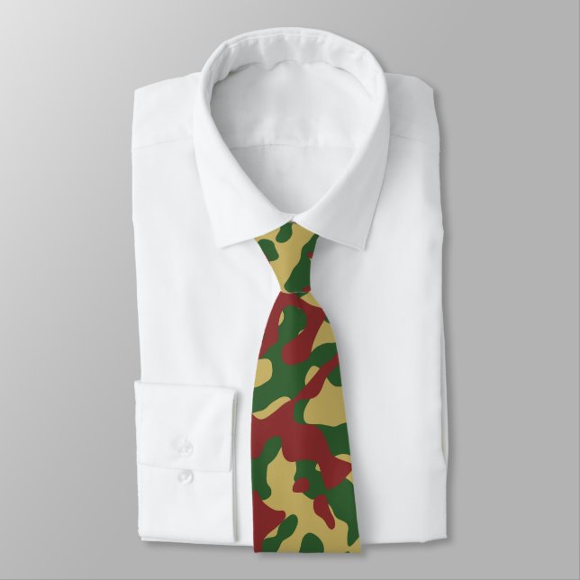 Red, Green, and Beige Camouflage Pattern Tie (Tied)